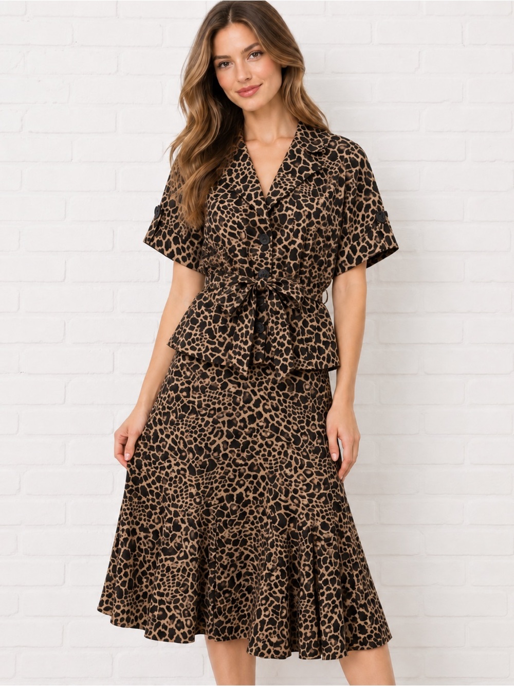 Leopard Print Tie-Waist top and skirt set in Brown